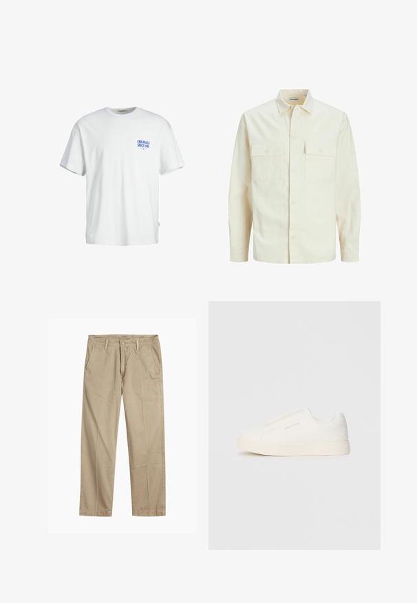 Vaaleanbeige pitkähihaisen paidan, jossa on kaulukset, kaksi etutaskua, nappikiinnitys ja tekstiilissä on tekstuuria.; Valkoinen puuvillainen t-paita, jossa on rento istuvuus. Etuosassa vasemmassa rinnassa sininen teksti "ORIGINALS SINCE 1990" sekä sivulla kudottu etiketti.; Beige suorat lahkeet chinosit vyölenkkeillä, etupainike- ja vetskarikiinnitys sekä viistot etutaskut.; Valkoiset liukusukat, joissa on teksturoitu pinta, paksu pohja ja minimalistikot. Sivulla on brändin logo.
