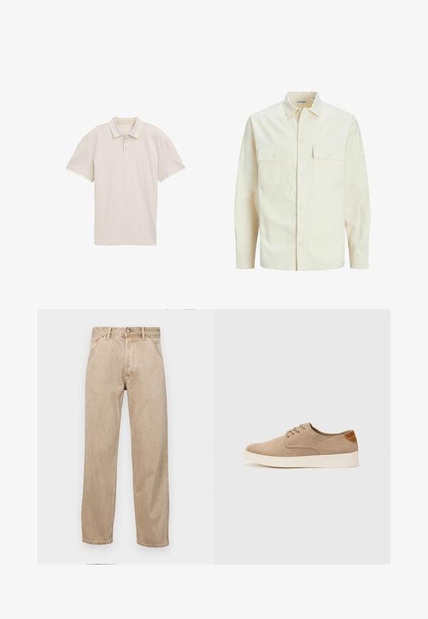 Lichtbeige langemouwen shirt met een kraaghalslijn, twee voorzakken, knoopsluiting en een gestructureerde stof.; Beige poloshirt met korte mouwen, drie knopen aan de voorkant en contrasterende pastelstrepen op de kraag en mouwmanchetten. Lichtgewicht stof.; Beige denim jeans met een recht gesneden ontwerp, voorzien van voorzakken, een metalen knoopsluiting en een subtiele textuur.; Beige suède sneakers met een ronde neus, vetersluiting aan de voorkant en een getextureerde achteraccent. De witte rubberen zool zorgt voor contrast. Eenvoudig en modern ontwerp.