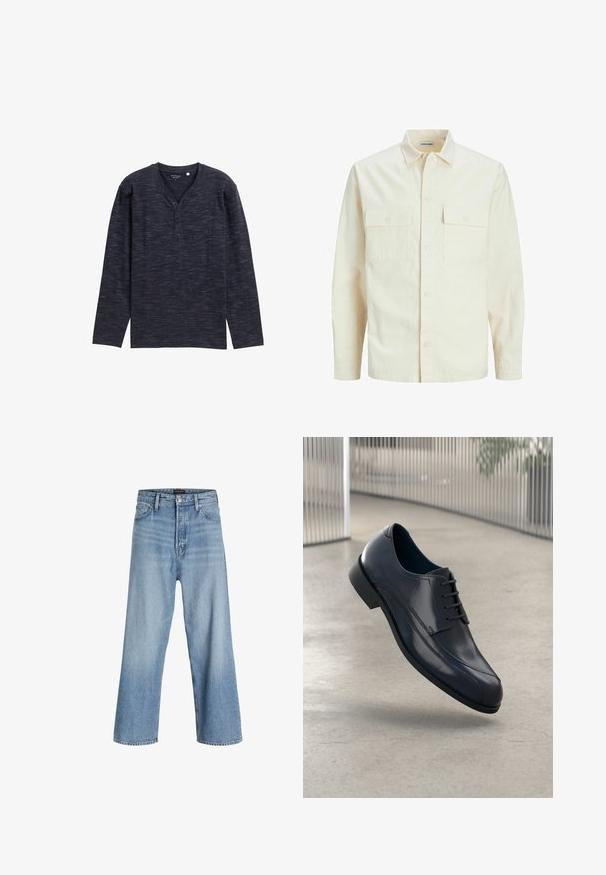 Lys beige langærmet skjorte med krave, to forlommer, knaplukning og et tekstureret stof.; Langærmet, mørkeblå henley-skjorte med et struktureret mønster, der har en V-udskæring og tre-knaps stolpe. Blødt stof.; Lyseblå vidde jeans lavet af denim, med høj talje, klassisk fem-lomme design, og knaplukning med lynlås.; Skinnende sorte læderdressko med snørebånd, svævende over et glat, lys grå gulv og lodrette metalstænger i baggrunden.