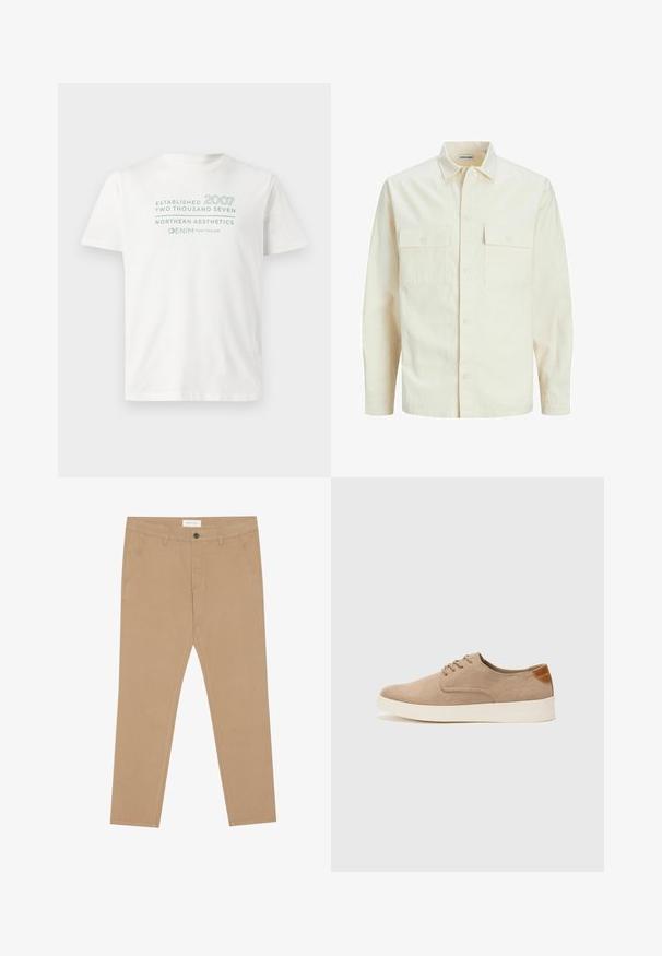 Kergedbež pika-särk pikkade varrukatega, krae ja kahe eespool asuva taskuga, nööpidega kinnitamine ja reljeefne materjal.; Valge puuvillane T-särk, millel on helesinised tekstid "Asutatud 2007" ja "Põhjamaine Esteetika", ümmargune kaelus ja lühikesed varrukad.; Kerged pruunide chinosid, mis on valmistatud puuvilla segust, omavad lamedat eesmist osa, kahte külgtaskut ja ühte tagumist taskut. Kerge kangas, millel on sile tekstuur.; Beežid nahast tossud ümarate varvastega, paeltega esiosa ja tekstuuriga tagakontuuriga. Valge kummist tallapakkumine loob kontrasti. Lihtne ja kaasaegne disain.