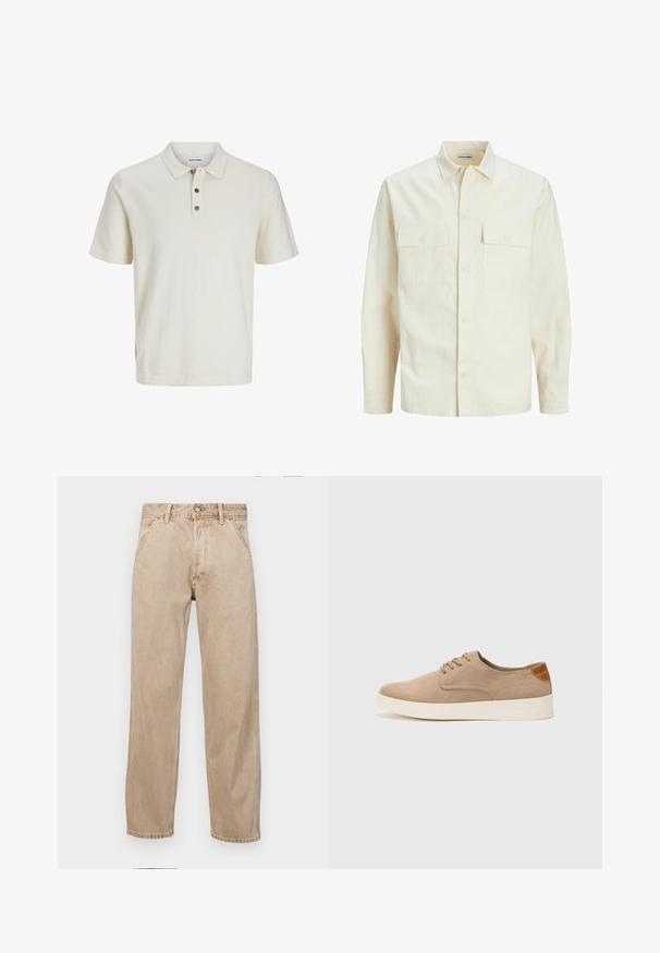 Vaaleanbeige pitkähihaisen paidan, jossa on kaulukset, kaksi etutaskua, nappikiinnitys ja tekstiilissä on tekstuuria.; Valkoinen lyhythihainen polo-paita, joka on valmistettu pehmeästä, teksturoidusta kankaasta. Paidassa on kauluspääntie ja kolme tummaa nappia napituksessa.; Beige farkkuhousut suoranlahkeisella muotoilulla, joissa on etutaskut, metallinen nappisulku ja hillitty rakenne.; Beige nubuck-lenkkarit, joissa on pyöreä kärki, nauhakiinnitys ja teksturoitu takaosa. Valkoinen kumipohja tuo kontrastia. Yksinkertainen ja moderni muotoilu.
