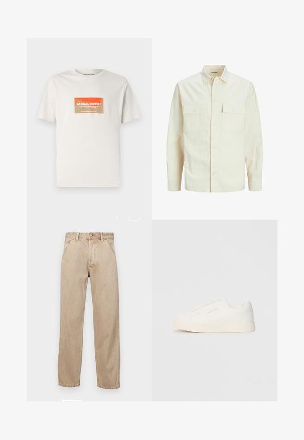 Kergedbež pika-särk pikkade varrukatega, krae ja kahe eespool asuva taskuga, nööpidega kinnitamine ja reljeefne materjal.; Kerge beež puuvillane T-särk, millel on neljakandiline oranž ja kreemja logo graafika, kus on kirjas "JACK&JONES". Lühikesed varrukad, ümmargune kaelus.; Bežidemini teksased sirgjoonise kujundusega, front pocket'itega, metallist nööbi kinnitusega ja peene tekstuuriga.; Valged libisemiskindlad tossud tekstuuriga pinnaga, paksu tallaga ja minimalistikus disainis. Küljel on brändi logo.