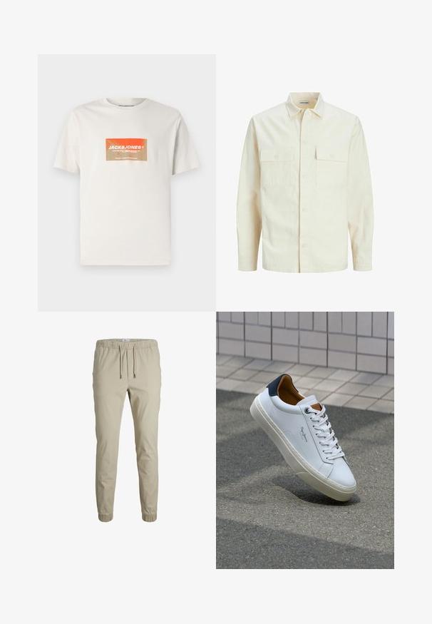 Lichtbeige langemouwen shirt met een kraaghalslijn, twee voorzakken, knoopsluiting en een gestructureerde stof.; Katoenen T-shirt in lichtbeige met een rechthoekige oranje en crèmekleurige logo graphic met de tekst "JACK&JONES". Korte mouwen, ronde hals.; Beige taperende joggingsbroeken met een elastische tailleband, trekkoord en enkelmanchetten, gemaakt van zacht materiaal. Heeft een gladde textuur en een minimalistisch ontwerp.; Witte leren sneaker met een marineblauwe hiel, ronde neus en contrasterende bruin accent. Beschikt over platte veters en een gestructureerde rubberen zool.