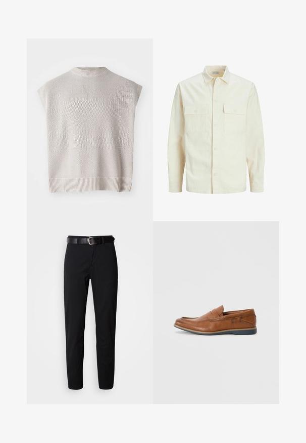 Lichtbeige langemouwen shirt met een kraaghalslijn, twee voorzakken, knoopsluiting en een gestructureerde stof.; Lichtbeige gebreide mouwloze top met een geribbelde onderrand en ronde hals. Heeft een textuurpatroon en een losse pasvorm.; Zwarte broek met een rechte snit, voorzien van een zachte textuur en een zwarte leren riem met een zilveren gesp. Eenvoudig ontwerp, zonder patronen of accenten.; Bruine leren instappers met een ronde neus, gestikte details en een lage rubberen zool. Het ontwerp heeft een band over de bovenkant.