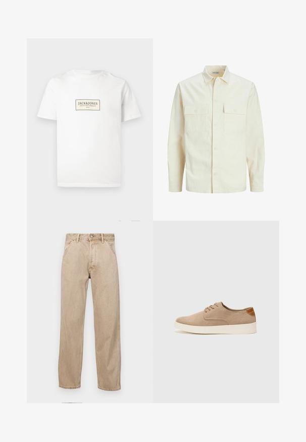 Svetlo bež srajca z dolgimi rokavi, ovratnim izrezom, dvema sprednjima žepoma, zapenjanjem na gumbe in teksturirano tkanino.; Bela bombažna majica s kratkimi rokavi, ki ima spredaj pravokotno črno in bež logo. Ravan rob brez dodatnih vzorcev.; Beige jeans iz džinsa s ravnim nogavicama, ki imajo sprednje žepe, kovinsko zapiranje in subtilno teksturo.; Bež tkanine usnjene superge z zaobljenim nosom, vezalkami na sprednji strani in teksturiranim zadnjim detajlom. Belo gumijasto podplato zagotavlja kontrast. Enostaven in sodoben dizajn.