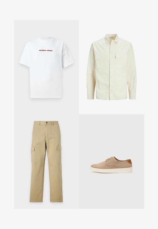 Camicia beige chiaro a maniche lunghe con colletto, due tasche frontali, chiusura a bottoni e un tessuto texturizzato.; T-shirt bianco in cotone con maniche corte e scollo rotondo, con la scritta rossa "atelier dept." stampata sul davanti. Design semplice.; Pantaloni cargo beige in cotone, dotati di due tasche laterali, chiusura con bottone e gamba dritta con tessuto leggermente texture.; Sneaker in suede beige con punta arrotondata, stringhe davanti e un accento testurizzato sul retro. La suola in gomma bianca offre un contrasto. Design semplice e moderno.