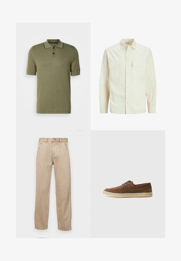 Svetlo béžová košeľa s dlhým rukávom, s golierom, dvoma prednými vreckami, zapínaním na gombíky a textúrovanou látkou.; Olivovo zelená polokošeľa s krátkym rukávom a dvomi čiernymi gombíkmi, s čiernym lemovaním pozdĺž okraja goliera.; Bežové denimové rifle so strihom rovného nohu, s prednými vreckami, kovovým zapínaním na gombík a jemnou textúrou.; Hnedé semišové topánky s nízkym profilom, šnurovací dizajn, gumená podrážka a kontrastné šitie. Jednoduchý a funkčný štýl.