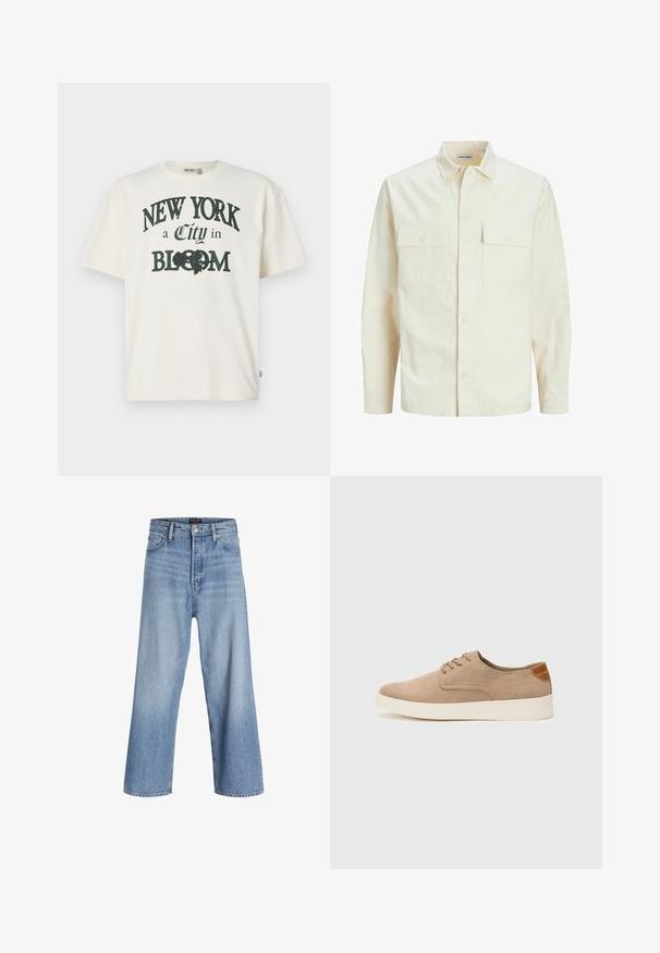 Light beige long-sleeve shirt with a collared neckline, two front pockets, button closure, and a textured fabric.; Cream-colored cotton t-shirt with short sleeves, featuring a printed design saying "NEW YORK a City in BLOOM" in dark green.; Light blue denim wide-leg jeans with a high waist, featuring a button fly, five-pocket design, and subtle fading. Clean hem finishes.; Beige suede sneakers with a rounded toe, lace-up front, and a textured back accent. White rubber sole provides contrast. Simple and modern design.