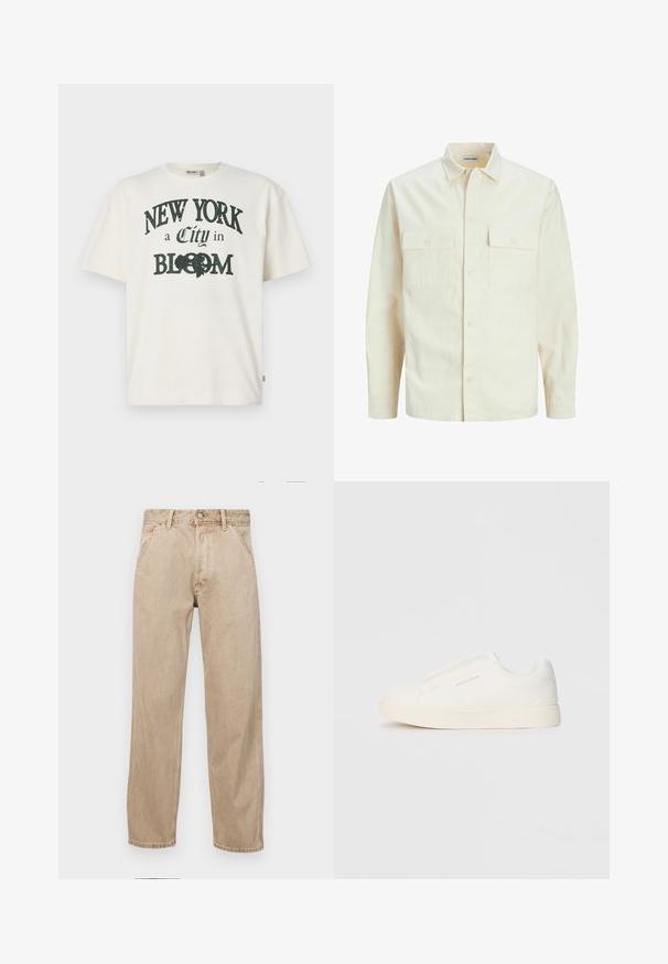 Gai bēšs garām piedurknēm krekls ar apkakles izgriezumu, divām priekšējām kabatām, pogu aizdari un teksturētu audumu.; Krēmkrāsas kokvilnas t-krekls ar īsām piedurknēm, ar drukātu dizainu, kas saka "NEW YORK - pilsēta ziedēšanā" tumši zaļā krāsā.; Beige džinsi ar taisnu kāju dizainu, ar priekšējiem kabatām, metāla pogu aizdari un smalku faktūru.; Baltas slip-on sporta apavi ar teksturētu virsmu, biezu zoli un minimālistisku dizainu. Sānos redzams zīmola logotips.