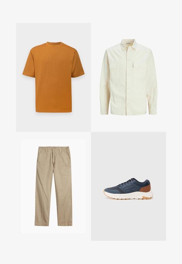 Svijetlo bež košulja dugih rukava s ovratnikom, dva prednja džepa, zatvaranje na dugmad i teksturirani materijal.; Selected Homme SLHLOOSEOSCAR O NECK TEE - Osnovna majica kratkih rukava - cathay spice; Bež chinos hlače ravnog kroja s petljama za remen, prednjim gumbom i zatvaranjem nazip, te kosi prednjim džepovima.; Tamno plave atletske cipele s smešnim detaljima na peti, teksturiranom mrežastom gornjem delu, podstavljenim ovratnikom i belim gumiranim đonom s uzorkom.