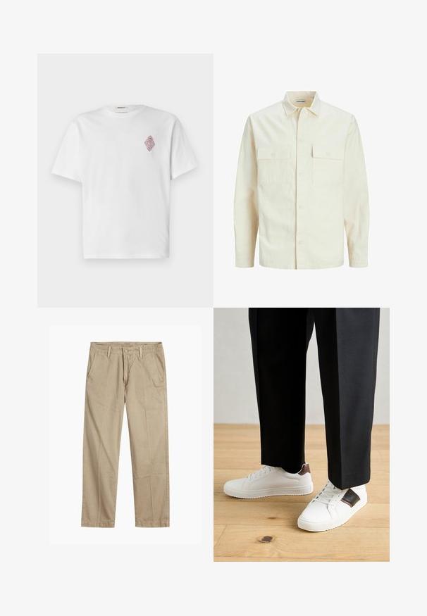 Jasno beżowa koszula z długim rękawem, z kołnierzykiem, dwoma kieszeniami z przodu, zapięciem na guziki i teksturowanym materiałem.; Biała bawełniana koszulka z krótkim rękawem, ozdobiona czerwonym haftowanym wzorem diamentu na lewej piersi. Klasyczny okrągły dekolt.; Beżowe chinosy o prostym kroju z pętlami na pasek, przednim zapięciem na guzik i zamek błyskawiczny oraz skośnymi kieszeniami z przodu.; Białe trampki o gładkiej fakturze, z brązowymi skórzanymi akcentami i czarnymi detalami, zestawione z czarnymi eleganckimi spodniami. Tło stanowi drewniana podłoga.