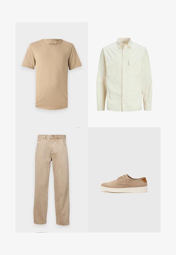 Gai bēšs garām piedurknēm krekls ar apkakles izgriezumu, divām priekšējām kabatām, pogu aizdari un teksturētu audumu.; Beige īsām piedurknēm t-krekls, izgatavots no mīksta auduma. Iespējamā apaļa kakla izgriezuma un nedaudz teksturēta virsma ar izliekto apakšmalu.; Beige džinsi ar taisnu kāju dizainu, ar priekšējiem kabatām, metāla pogu aizdari un smalku faktūru.; Beige zamšādas kedas ar noapaļotu purngala daļu, auklēm saplacinātu priekšpusi un teksturētu aizmugures akcentu. Balta gumijas zole nodrošina kontrastu. Vienkāršs un mūsdienīgs dizains.