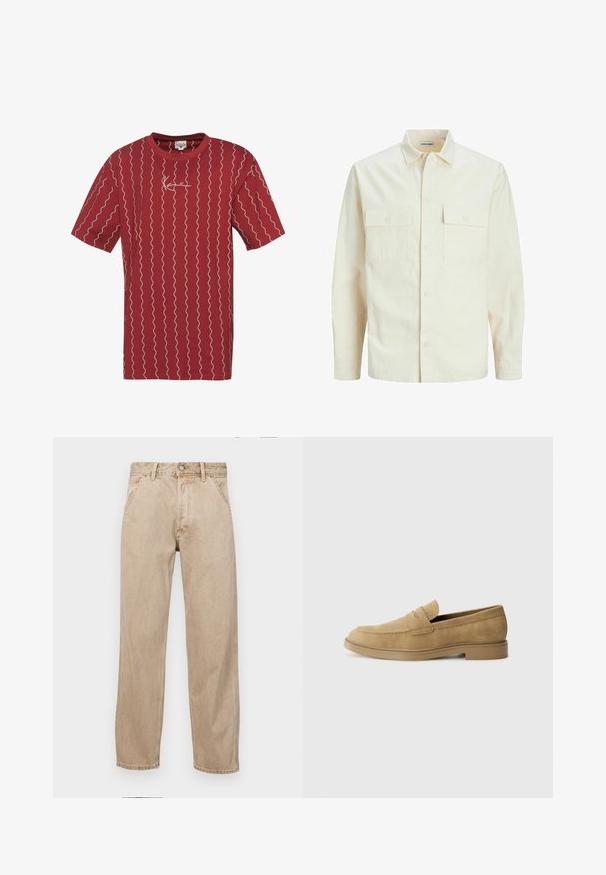 Gai bēšs garām piedurknēm krekls ar apkakles izgriezumu, divām priekšējām kabatām, pogu aizdari un teksturētu audumu.; Sarkans kokvilnas T-krekls ar baltām viļņainām līnijām un mazu izšūtu logotipu uz krūtīm. Īsas piedurknes un apaļš kakla izgriezums.; Beige džinsi ar taisnu kāju dizainu, ar priekšējiem kabatām, metāla pogu aizdari un smalku faktūru.; Kafijas krāsas zamšādas loafers ar noapaļotu purngalu, zemu blokveida papēdi un izšūšanas detalizāciju augšdaļā. Gluda tekstūra un minimālisma dizains.
