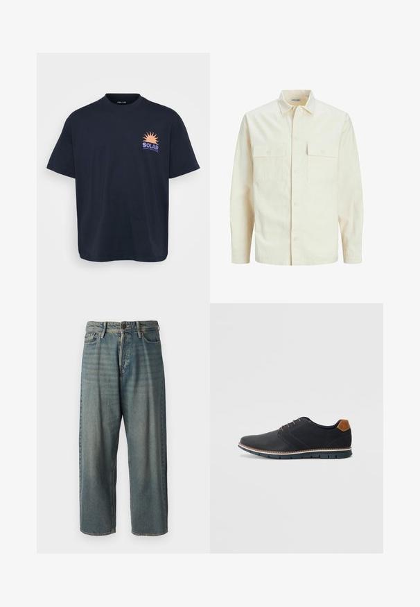 Gai bēšs garām piedurknēm krekls ar apkakles izgriezumu, divām priekšējām kabatām, pogu aizdari un teksturētu audumu.; Melnas kokvilnas T-krekls ar saules grafiku un "SOLAR" tekstu oranžā un purpursarkanā krāsā. Īsām piedurknēm, apaļa kakla izgriezuma, brīva piegriezuma.; Gaiši zili džinsi ar brīvu piegriezumu, vidējo jostas augstumu un taisnām kājām. Satur piecas kabatas, jostas cilpas un pogu aizdari.; Melni sintētiskie apavi ar struktūru augšdaļā, gludu akcentu, brūnu papēdi un kontrastējošu zoli. Iezīmē minimālu šņorēšanu un šuvju detaļas.