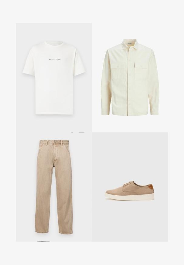 Hellbeige Langarmhemd mit klassischem Kragen, zwei Fronttaschen, Knopfverschluss und strukturiertem Stoff.; Weißes Baumwoll-T-Shirt mit kurzen Ärmeln und Rundhalsausschnitt. Zentrale Schriftzüge "WILLKOMMEN IM PARADIES" in einer geschwungenen grünen Schrift.; Beige Denim-Jeans mit geradem Beinschnitt, ausgestattet mit Vordertaschen, einem Metallknopfverschluss und feiner Textur.; Beige Wildleder-Sneaker mit runder Zehenpartie, Schnürung und strukturiertem Rückenteil. Die weiße Gummisohle sorgt für einen Kontrast. Einfaches und modernes Design.