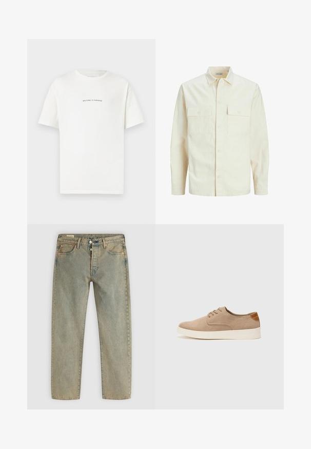 Cămașă lungă cu mâneci lungi de culoare bej deschis, cu guler, două buzunare frontale, închidere cu butoane și un material texturat.; Tricou alb din bumbac, cu mâneci scurte și guler rotund. Textul centrat spune "BINE AȚI VENIT ÎN PARADIS" într-o font verde curbat.; Jeanși drepți cu spălare deschisă, cu închidere frontală cu buton, cinci buzunare, bucle pentru curea și detalii cu nituri din cupru.; Tenisi din suede bej cu vârf rotund, sistem de șireturi în față și un accent texturat în spate. Talpa albă din cauciuc oferă un contrast. Design simplu și modern.