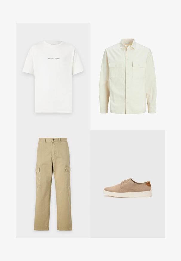 Gai bēšs garām piedurknēm krekls ar apkakles izgriezumu, divām priekšējām kabatām, pogu aizdari un teksturētu audumu.; Baltā kokvilnas T-kreklā ar īsām piedurknēm un apaļu kakla izgriezumu. Centrāls teksts lasa "LAIPNI LŪDZAM PARADĪZĒ" zaļā, izliekta fontā.; Beige kravas bikses no kokvilnas, kas aprīkotas ar divām sānu kabatām, pogu aizdari un taisnām kājām ar nedaudz teksturētu audumu.; Beige zamšādas kedas ar noapaļotu purngala daļu, auklēm saplacinātu priekšpusi un teksturētu aizmugures akcentu. Balta gumijas zole nodrošina kontrastu. Vienkāršs un mūsdienīgs dizains.