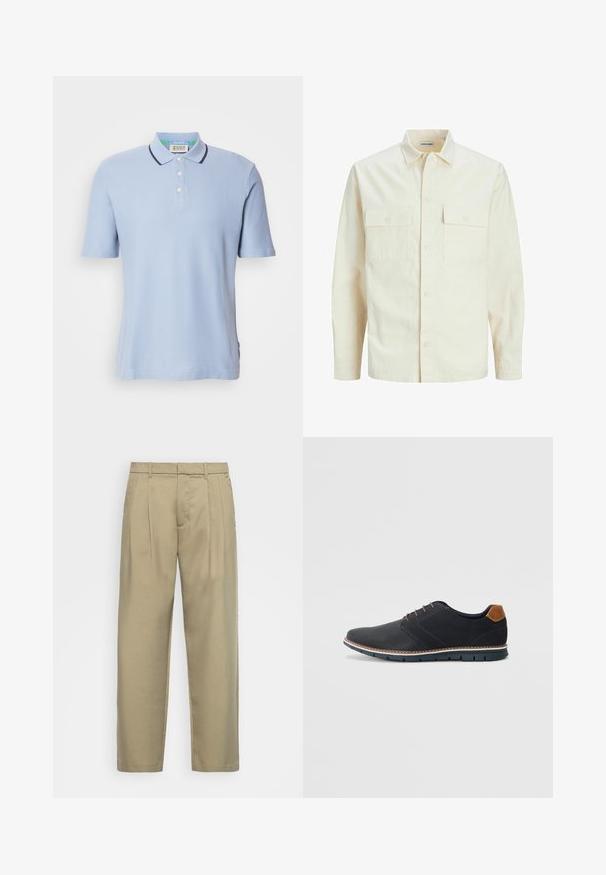 Světle béžová košile s dlouhým rukávem, límečkem, dvěma předními kapsami, zapínáním na knoflíky a strukturovanou tkaninou.; Světle modrá polokošile vyrobená z žebrované látky, s dvouvýměnným zapínáním na knoflíky, krátkými rukávy a námořnickým prošitím na límci.; Beige kalhoty s vysokým pasem a rovnýmlíčkem, s plochým předním dílem, bočními kapsami a hladkým, strukturovaným materiálem.; Černé syntetické boty s texturovaným svrškem, hladkými detaily, hnědým podpatkem a kontrastní podrážkou. Obsahují minimální šněrování a švy.