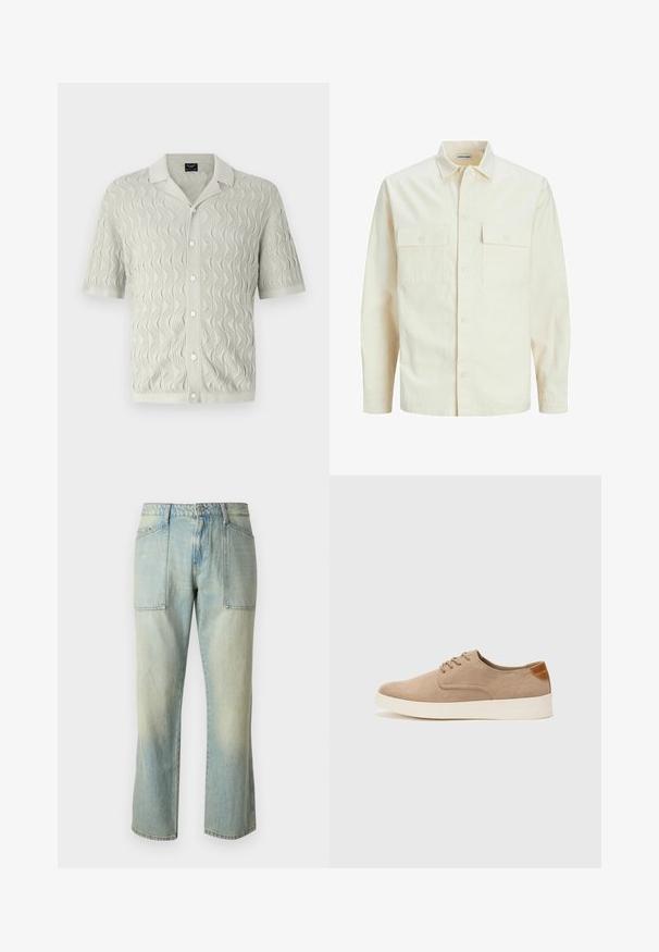 Light beige long-sleeve shirt with a collared neckline, two front pockets, button closure, and a textured fabric.; Short-sleeve, light gray knit shirt featuring a wave pattern, collar, and button closure with a textured fabric.; Light blue denim jeans with a straight leg cut, visible stitching, and two large front pockets. The fabric has a faded texture.; Beige suede sneakers with a rounded toe, lace-up front, and a textured back accent. White rubber sole provides contrast. Simple and modern design.