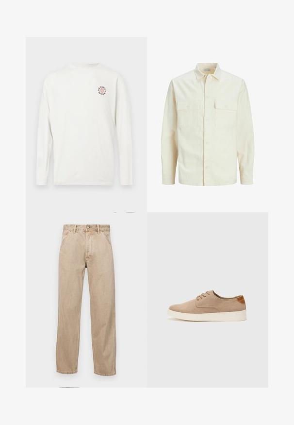 Hellbeige Langarmhemd mit klassischem Kragen, zwei Fronttaschen, Knopfverschluss und strukturiertem Stoff.; Weißes Langarmhemd mit kleinem roten Globus-Grafik und schwarzem Text "DIE WELT WARTE" auf der oberen linken Brust.; Beige Denim-Jeans mit geradem Beinschnitt, ausgestattet mit Vordertaschen, einem Metallknopfverschluss und feiner Textur.; Beige Wildleder-Sneaker mit runder Zehenpartie, Schnürung und strukturiertem Rückenteil. Die weiße Gummisohle sorgt für einen Kontrast. Einfaches und modernes Design.