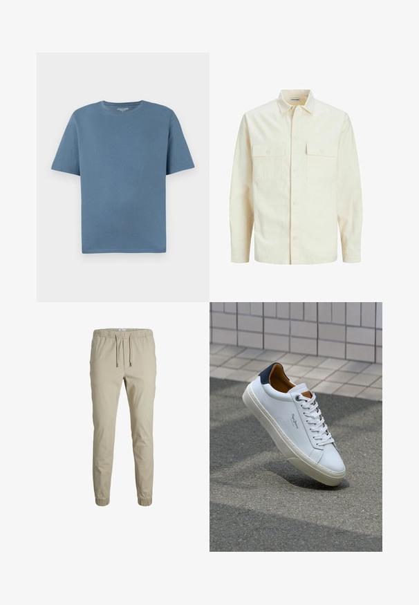 Kergedbež pika-särk pikkade varrukatega, krae ja kahe eespool asuva taskuga, nööpidega kinnitamine ja reljeefne materjal.; Ümarõnga kaelusega-lühikeste varrukatega T-särk pehme sinise puuvillaga. Omab lõdva istuvust ja õmmeldud servade detaile. Ilma mustrite või lisakaunistusteta.; Beezid püksid, mis on kitsendatud ja millel on elastne vöökoht, nöör ja pahkluu mansetid, valmistatud pehmest kangast. Omab siledat tekstuuri ja minimalistlikku disaini.; Valge nahast tennis, millel on tumesinine konts, ümmargune nina ja kontrastsed pruuni aktsendid. Omab lamepaelti ja tekstureeritud kummist tallat.