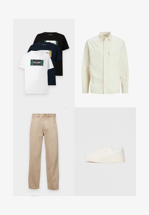 Svetlo bež srajca z dolgimi rokavi, ovratnim izrezom, dvema sprednjima žepoma, zapenjanjem na gumbe in teksturirano tkanino.; Tri majice: bela, mornarsko modra in črna. Vsaka vsebuje pravokotno grafiko z blagovno znamko "Jack & Jones" in barvnimi akcenti. Iz bombažnega materiala.; Beige jeans iz džinsa s ravnim nogavicama, ki imajo sprednje žepe, kovinsko zapiranje in subtilno teksturo.; Bele zapete brez vezalk z teksturirano površino, debelim podplatom in minimalističnim dizajnom. Na strani se nahaja logotip blagovne znamke.