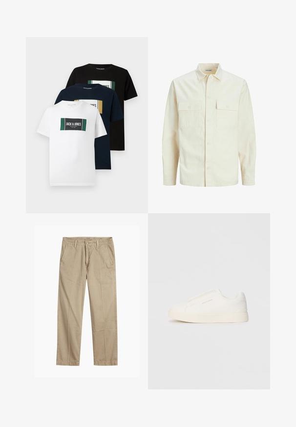 Vaaleanbeige pitkähihaisen paidan, jossa on kaulukset, kaksi etutaskua, nappikiinnitys ja tekstiilissä on tekstuuria.; Kolme T-paitaa: valkoinen, laivastonsininen ja musta. Jokaisessa on suorakulmainen graafinen kuva, jossa on "Jack & Jones" -brändäys ja väriakcentteja. Puuvillamateriaali.; Beige suorat lahkeet chinosit vyölenkkeillä, etupainike- ja vetskarikiinnitys sekä viistot etutaskut.; Valkoiset liukusukat, joissa on teksturoitu pinta, paksu pohja ja minimalistikot. Sivulla on brändin logo.