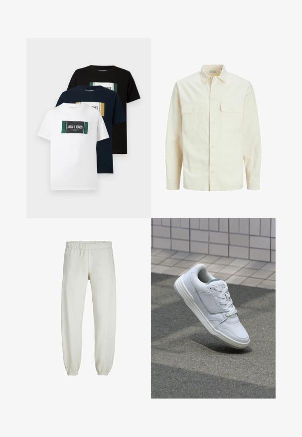 Svetlo bež srajca z dolgimi rokavi, ovratnim izrezom, dvema sprednjima žepoma, zapenjanjem na gumbe in teksturirano tkanino.; Tri majice: bela, mornarsko modra in črna. Vsaka vsebuje pravokotno grafiko z blagovno znamko "Jack & Jones" in barvnimi akcenti. Iz bombažnega materiala.; Bele trenerke narejene iz mehkega blaga, z elastičnim pasom in manšetami, gladke teksture in ohlapnega kroja.; Bela usnjena superga s perforiranimi stranicami, teksturiranimi detajli, ravnimi vezalkami in kontrastno sivo peto. Ima rahlo dvignjen podplat.