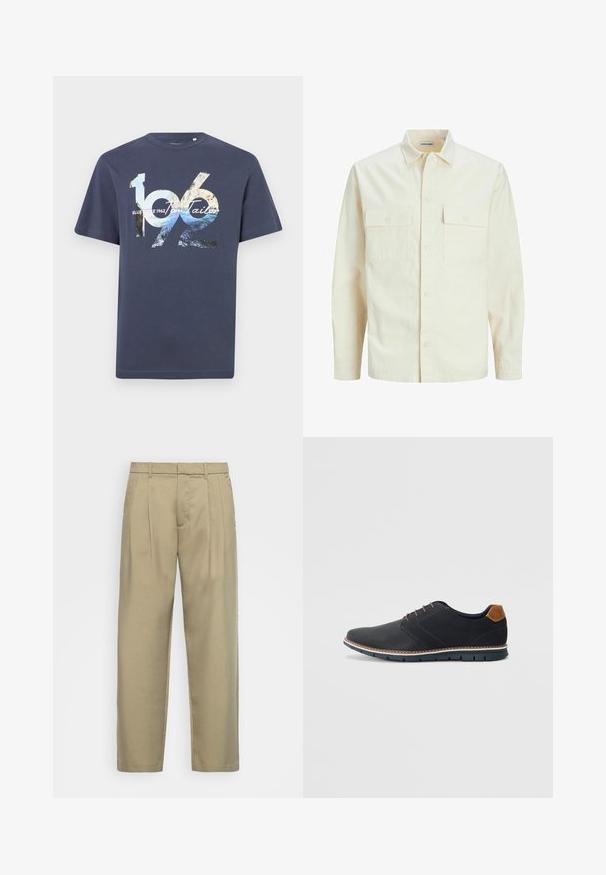 Šviesiai smėlio spalvos ilgomis rankovėmis marškiniai su apykakle, dviem priekinėmis kišenėmis, mygtukų uždarymu ir tekstūruota medžiaga.; Tamsiai mėlynas medvilnės marškinėliai su ryškiais grafikos spaudiniais, kuriuose yra numeriai "1962" ir prekės ženklas, trumpomis rankovėmis ir apvalia iškirpte.; Šviesiai rudos, aukšto liemens kelnes su tiesia kirpimu, su plokščiu priekiniu paviršiumi, šoninėmis kišenėmis ir lygiu, tekstūruotu audiniu.; Juodi sintetiniai batai su tekstūruotu paviršiumi, lygiomis detalėmis, ruda kulna ir kontrastingu padu. Yra minimalus raištelių užsidėjimas ir siuvimo detalės.