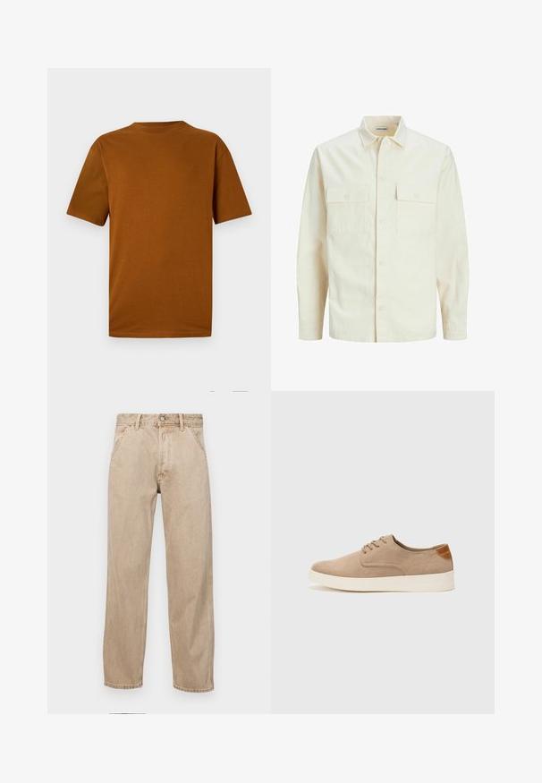 Vaaleanbeige pitkähihaisen paidan, jossa on kaulukset, kaksi etutaskua, nappikiinnitys ja tekstiilissä on tekstuuria.; Lyhythihainen t-paita poltetun oranssin väristä puuvillaa. Ominaisuuksiin kuuluu pyöreä kaula-aukko, rento istuvuus ja sileä pinta, ilman kuvioita tai koristeita.; Beige farkkuhousut suoranlahkeisella muotoilulla, joissa on etutaskut, metallinen nappisulku ja hillitty rakenne.; Beige nubuck-lenkkarit, joissa on pyöreä kärki, nauhakiinnitys ja teksturoitu takaosa. Valkoinen kumipohja tuo kontrastia. Yksinkertainen ja moderni muotoilu.
