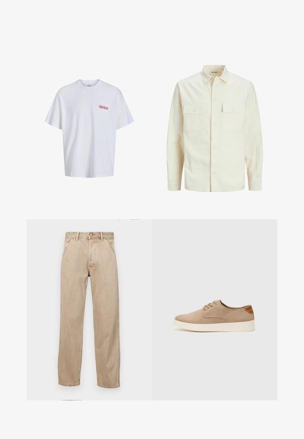 Lys beige langærmet skjorte med krave, to forlommer, knaplukning og et tekstureret stof.; Hvid bomulds T-shirt med korte ærmer, rund halsudskæring, prydet med et lille pink grafik på venstre bryst. Glat tekstur, afslappet pasform.; Beige denimjeans med lige bendesign, med forlommer, metalknaplukning og subtil struktur.; Beige ruskinds sneakers med rund tå, snørebånd foran og en struktureret rygdetalje. Hvid gummisål giver kontrast. Enkel og moderne design.