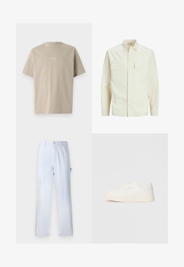 Gai bēšs garām piedurknēm krekls ar apkakles izgriezumu, divām priekšējām kabatām, pogu aizdari un teksturētu audumu.; Beigu kokvilnas T-krekls ar īsām piedurknēm, apaļu kakla izgriezumu un nelielu baltu izšuvumu ar "REPLAY" logo priekšpusē.; Gaiši zilu svītru bikses, kas izgatavotas no kokvilnas. Tiešā kāja, ar priekšējo pogu aizdari un sānu kabatām. Mīksta tekstūra.; Baltas slip-on sporta apavi ar teksturētu virsmu, biezu zoli un minimālistisku dizainu. Sānos redzams zīmola logotips.