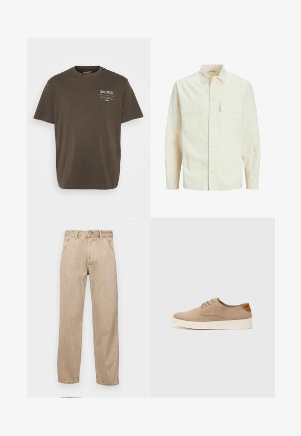 Gai bēšs garām piedurknēm krekls ar apkakles izgriezumu, divām priekšējām kabatām, pogu aizdari un teksturētu audumu.; Brūns īsām piedurknēm T-krekli, kas izgatavots no kokvilnas, ar apaļo dekoltē un nelielu baltu grafisku druku kreisajā pusē.; Beige džinsi ar taisnu kāju dizainu, ar priekšējiem kabatām, metāla pogu aizdari un smalku faktūru.; Beige zamšādas kedas ar noapaļotu purngala daļu, auklēm saplacinātu priekšpusi un teksturētu aizmugures akcentu. Balta gumijas zole nodrošina kontrastu. Vienkāršs un mūsdienīgs dizains.