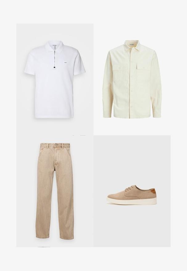 Lys beige langærmet skjorte med krave, to forlommer, knaplukning og et tekstureret stof.; Hvid polo t-shirt med en kort lynlåskrave, broderet logo på brystet og blødt bomuldsstof med en glat tekstur.; Beige denimjeans med lige bendesign, med forlommer, metalknaplukning og subtil struktur.; Beige ruskinds sneakers med rund tå, snørebånd foran og en struktureret rygdetalje. Hvid gummisål giver kontrast. Enkel og moderne design.