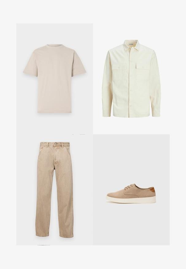 Svetlo bež srajca z dolgimi rokavi, ovratnim izrezom, dvema sprednjima žepoma, zapenjanjem na gumbe in teksturirano tkanino.; Bež majica s kratkimi rokavi, okroglim izrezom, izdelana iz gladkega bombažnega materiala, ki ponuja udoben kroj brez vidnih vzorcev ali okraskov.; Beige jeans iz džinsa s ravnim nogavicama, ki imajo sprednje žepe, kovinsko zapiranje in subtilno teksturo.; Bež tkanine usnjene superge z zaobljenim nosom, vezalkami na sprednji strani in teksturiranim zadnjim detajlom. Belo gumijasto podplato zagotavlja kontrast. Enostaven in sodoben dizajn.