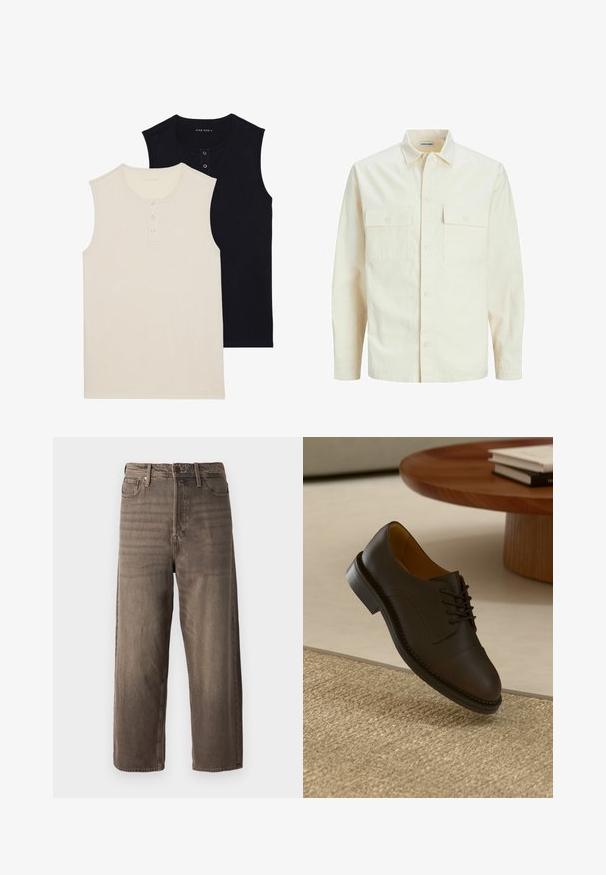 Šviesiai smėlio spalvos ilgomis rankovėmis marškiniai su apykakle, dviem priekinėmis kišenėmis, mygtukų uždarymu ir tekstūruota medžiaga.; Dvi be rankovių medvilninės bluzės: viena šviesiai ruda su mygtukų užpildymu, o kita vienos spalvos juoda. Abi turi apvalų iškirpimą ir prigludusį dizainą.; Rudos platūs džinsai, pagaminti iš džinsinio audinio. Yra užtrauktukas, diržo kilpos ir penki kišenės. Audinys atrodo išblukęs, su tekstūrine išvaizda.; Ruda odinė suknelės batai su tekstūruotu paviršiumi, raištelių dizainu, kontrastingomis siūlėmis ir tvirtu guminiu padu, pakibę virš audinio kilimo.