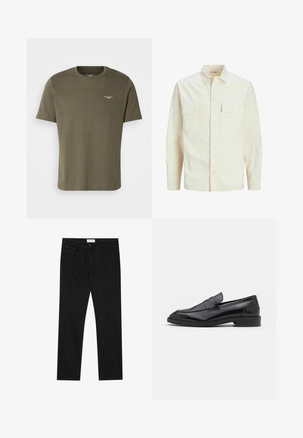 Gai bēšs garām piedurknēm krekls ar apkakles izgriezumu, divām priekšējām kabatām, pogu aizdari un teksturētu audumu.; Olīvu zaļš kokvilnas T-krekls ar īsām piedurknēm, apaļu kakla izgriezumu un mazu balto logotipu uz krūtīm. Gluda tekstūra un brīvs piegriezums.; Melni taisnie džinsi ar piecu kabatu dizainu, pogu un rāvējslēdzēja aizdari, un Pier One zīmola uzlīmi uz jostasvietas.; Melnas ādas loafers ar gludu virsmu, ar noapaļotu purngalu un šauru joslu pāri augšdaļai. Zems kaudzes papēdis.
