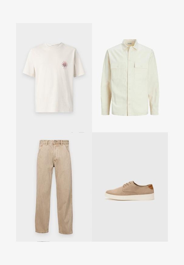 Light beige long-sleeve shirt with a collared neckline, two front pockets, button closure, and a textured fabric.; Cream-colored cotton t-shirt with short sleeves, featuring a small red sun graphic on the left chest area. Standard crew neck design.; Beige denim jeans with a straight leg design, featuring front pockets, a metal button closure, and subtle texture.; Beige suede sneakers with a rounded toe, lace-up front, and a textured back accent. White rubber sole provides contrast. Simple and modern design.