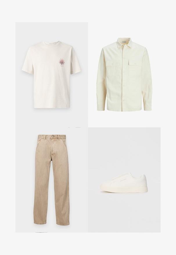 Lys beige langærmet skjorte med krave, to forlommer, knaplukning og et tekstureret stof.; Cremefarvet bomulds T-shirt med korte ærmer, prydet med et lille rødt solgrafik på venstre brystområde. Standard crew neck design.; Beige denimjeans med lige bendesign, med forlommer, metalknaplukning og subtil struktur.; Hvide slip-on sneakers med en struktureret overflade, en tyk sål og et minimalistisk design. Har brandlogoet på siden.