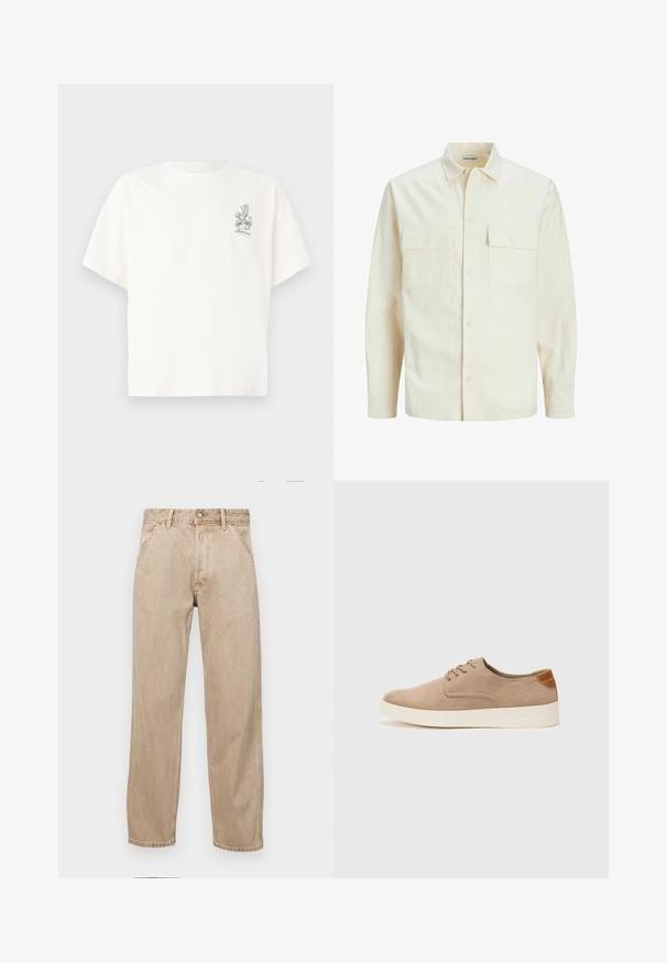 Lys beige langærmet skjorte med krave, to forlommer, knaplukning og et tekstureret stof.; Hvid bomulds T-shirt med en afslappet pasform, korte ærmer og et lille sort blomsterprint på venstre bryst. Glat tekstur.; Beige denimjeans med lige bendesign, med forlommer, metalknaplukning og subtil struktur.; Beige ruskinds sneakers med rund tå, snørebånd foran og en struktureret rygdetalje. Hvid gummisål giver kontrast. Enkel og moderne design.