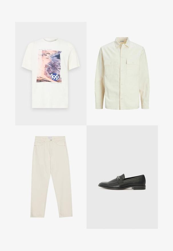Camisa de manga larga color beige claro con cuello, dos bolsillos frontales, cierre de botones y una tela texturizada.; Camiseta blanca de manga corta con un gráfico de escena de playa en rosa y azul que incluye el texto "192" y "TOM TAILOR MEETS THE SEA". Tejido de algodón suave.; Pantalones de mezclilla beige con corte recto, que cuentan con cinco bolsillos, cierre de botón y detalles de costura sutiles. Textura suave.; Mocasín de cuero negro con un acabado suave, que cuenta con un diseño de costura y un acento decorativo de cadena de metal en el empeine. Tacón plano.