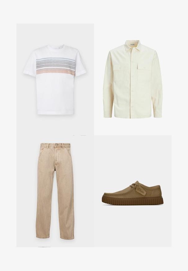 Gai bēšs garām piedurknēm krekls ar apkakles izgriezumu, divām priekšējām kabatām, pogu aizdari un teksturētu audumu.; Balta īsā piedurknēm T-kreklā, kuram ir horizontālas svītras gaiši zilā, pelēkā un oranžā krāsā. Izstrādāts standarta piegriezumā ar ribota apkakli.; Beige džinsi ar taisnu kāju dizainu, ar priekšējiem kabatām, metāla pogu aizdari un smalku faktūru.; Gai brūni zamša apavi ar noapaļotu purngalu, šuvju detaļām un ribotu brūnu gumijas zoli. Satur sānu uzlīmi ar "Clarks" logotipu.