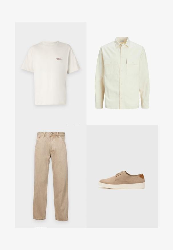Světle béžová košile s dlouhým rukávem, límečkem, dvěma předními kapsami, zapínáním na knoflíky a strukturovanou tkaninou.; Krémové bavlněné tričko s krátkým rukávem, se malým červeným potiskem loga na levé části hrudníku. Jednoduchý, klasický design.; Béžové džíny z denimu se středně širokým střihem, vybavené předními kapsami, kovovým zapínáním na knoflík a jemnou texturou.; Béžové semišové tenisky s kulatou špičkou, šněrováním vpředu a texturovaným zadním akcentem. Bílá gumová podrážka poskytuje kontrast. Jednoduchý a moderní design.