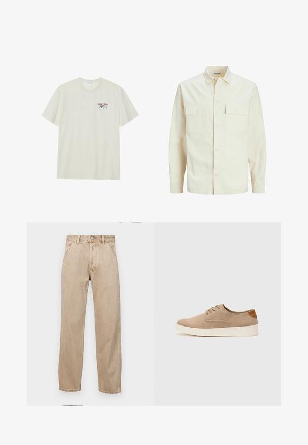Camisa de manga larga color beige claro con cuello, dos bolsillos frontales, cierre de botones y una tela texturizada.; Camiseta de algodón de color crema claro con mangas cortas. Presenta un pequeño gráfico azul y rojo de un marlín y el texto "TROFEO DE MARLÍN".; Jeans de mezclilla beige con un diseño de pierna recta, que cuentan con bolsillos frontales, cierre de botón de metal y una textura sutil.; Zapatillas de ante beige con puntera redondeada, cordones en la parte delantera y un acento texturizado en la parte trasera. La suela de goma blanca proporciona contraste. Diseño sencillo y moderno.