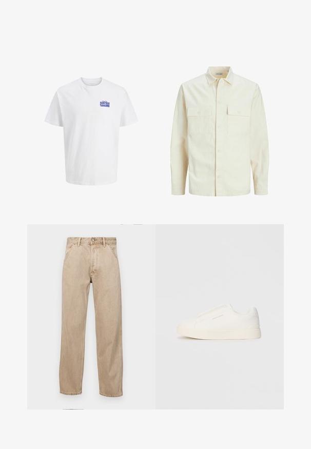 Camisa de manga larga color beige claro con cuello, dos bolsillos frontales, cierre de botones y una tela texturizada.; Camiseta blanca de manga corta con un pequeño logotipo de texto azul "Manitas" en la parte superior izquierda del pecho.; Jeans de mezclilla beige con un diseño de pierna recta, que cuentan con bolsillos frontales, cierre de botón de metal y una textura sutil.; Zapatillas blancas tipo slip-on con una superficie texturizada, suela gruesa y diseño minimalista. Presenta el logo de la marca en un lado.