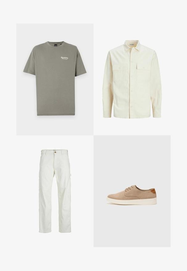 Lichtbeige langemouwen shirt met een kraaghalslijn, twee voorzakken, knoopsluiting en een gestructureerde stof.; Olijfgroene katoenen t-shirt met korte mouwen, ronde hals en witte tekst "Harmonie Balans in de Natuur" op de linkerborst.; Witte cargobroek met een ontspannen pasvorm, een voorknoopsluiting en meerdere zakken aan de zijkanten, gemaakt van duurzaam katoen. ; Beige suède sneakers met een ronde neus, vetersluiting aan de voorkant en een getextureerde achteraccent. De witte rubberen zool zorgt voor contrast. Eenvoudig en modern ontwerp.