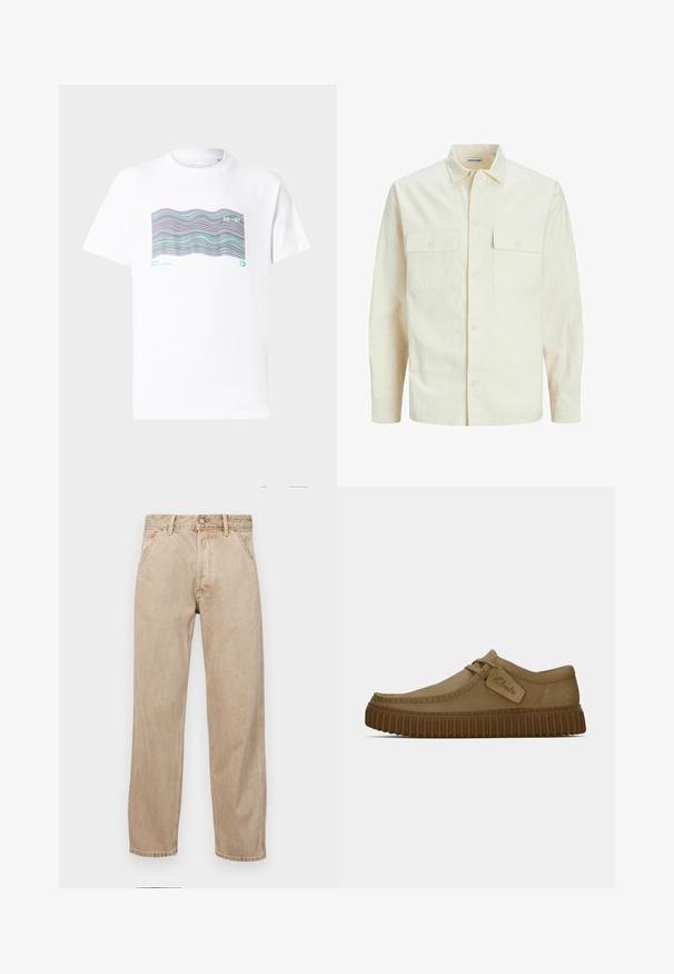Svetlo bež srajca z dolgimi rokavi, ovratnim izrezom, dvema sprednjima žepoma, zapenjanjem na gumbe in teksturirano tkanino.; Bela bombažna majica s kratkimi rokavi, okroglim izrezom in večbarvnim valovnim vzorcem ter natisnjenim besedilom "MIAMI" in "20-97" spredaj.; Beige jeans iz džinsa s ravnim nogavicama, ki imajo sprednje žepe, kovinsko zapiranje in subtilno teksturo.; Svetlo rjave antilop čevlje z ovalnim nosom, šivi in ribasto rjavo gumijasto podplat. Ima stransko oznako z logotipom "Clarks".