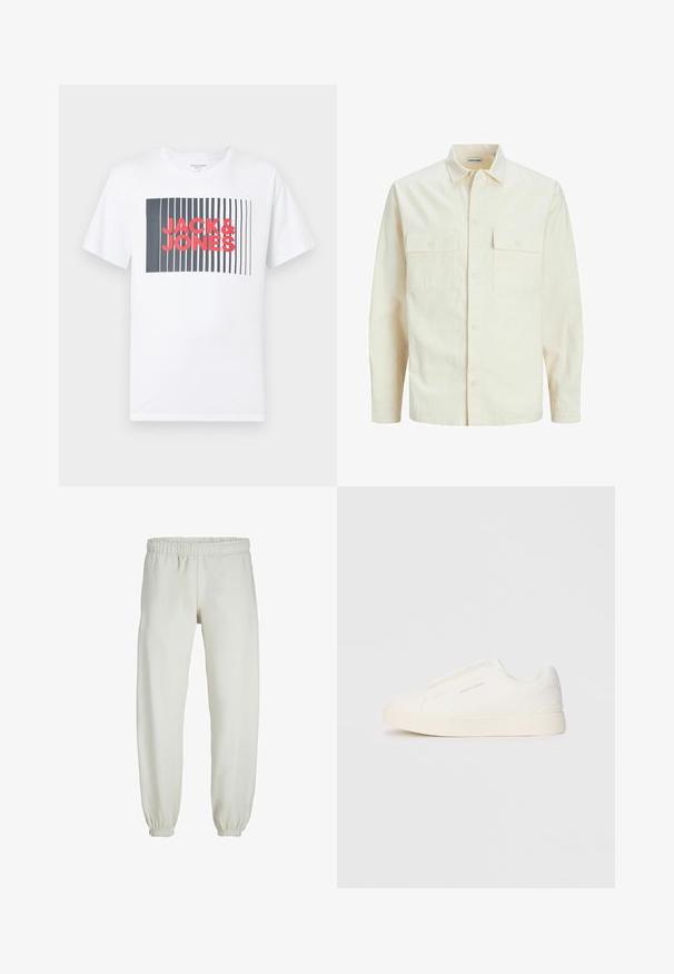 Lys beige langærmet skjorte med krave, to forlommer, knaplukning og et tekstureret stof.; Hvid bomulds T-shirt med en rektangulær grafik med lodrette sorte linjer og pink "JACK&JONES" tekst i midten. Korte ærmer.; Hvide sweatpants lavet af blødt stof, med elastisk talje og håndled, der har en glat tekstur og løs pasform.; Hvide slip-on sneakers med en struktureret overflade, en tyk sål og et minimalistisk design. Har brandlogoet på siden.