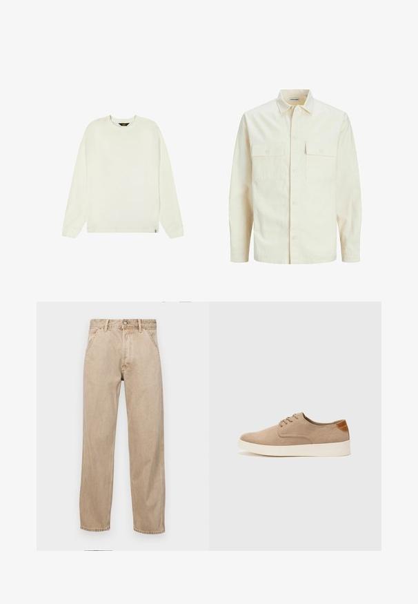 Lys beige langærmet skjorte med krave, to forlommer, knaplukning og et tekstureret stof.; Lee WAFFLE TEE - REGULAR FIT - Langærmet T-shirt - ecru; Beige denimjeans med lige bendesign, med forlommer, metalknaplukning og subtil struktur.; Beige ruskinds sneakers med rund tå, snørebånd foran og en struktureret rygdetalje. Hvid gummisål giver kontrast. Enkel og moderne design.