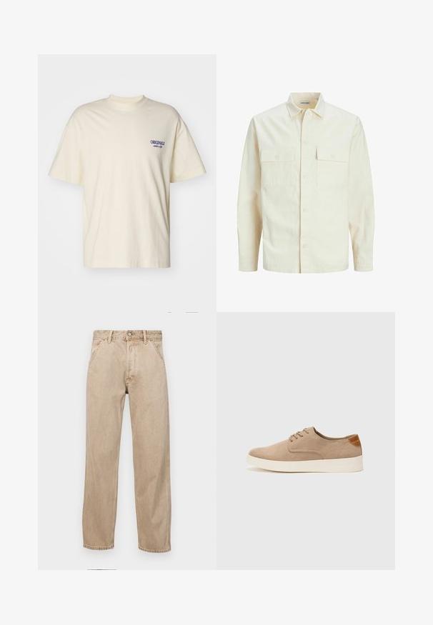 Világos bézs színű, hosszú ujjú ing, galléros nyakkal, két elülső zsebbel, gombos záródással és struktúrált anyaggal.; Rövid ujjú, krém színű póló, pamutból készült. A bal mellkason egy kis kék "ORIGINALS" logó található. Klasszikus szabású és környakú kialakítás.; Beige színű farmernadrág egyenes fazonnal, elülső zsebekkel, fém gombos záródással és diszkrét textúrával.; Beige velúr sportcipő, kerek orral, fűzős elülső résszel és textúrált hátsó részlettel. Fehér gumitalp kontrasztot ad. Egyszerű és modern design.
